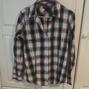 Talbots Black, White, and Red Plaid Button Down Shirt